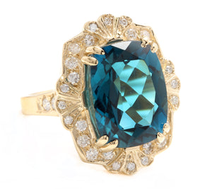 13.75 Carats Natural Impressive London Blue Topaz and Diamond 14K Yellow Gold Ring