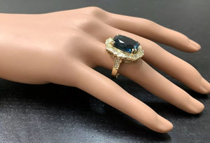 13.75 Carats Natural Impressive London Blue Topaz and Diamond 14K Yellow Gold Ring