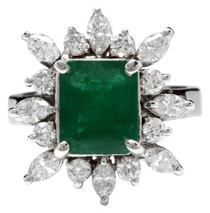 4.06 Carats Natural Emerald and Diamond 14K Solid White Gold Ring