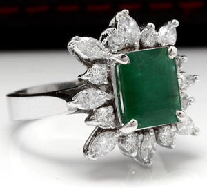 4.06 Carats Natural Emerald and Diamond 14K Solid White Gold Ring