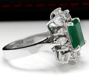 4.06 Carats Natural Emerald and Diamond 14K Solid White Gold Ring