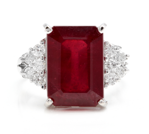 13.60 Carats Impressive Natural Red Ruby and Diamond 14K White Gold Ring