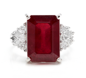13.60 Carats Impressive Natural Red Ruby and Diamond 14K White Gold Ring