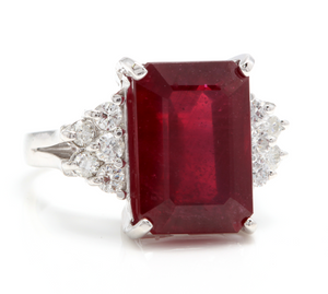 13.60 Carats Impressive Natural Red Ruby and Diamond 14K White Gold Ring