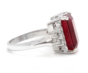 13.60 Carats Impressive Natural Red Ruby and Diamond 14K White Gold Ring
