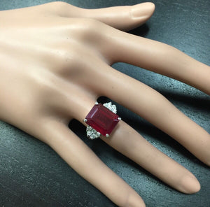 13.60 Carats Impressive Natural Red Ruby and Diamond 14K White Gold Ring