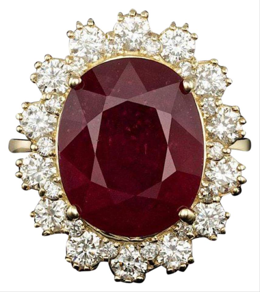 11.90 Carats Red Ruby and Natural Diamond 14k Solid Yellow Gold Ring