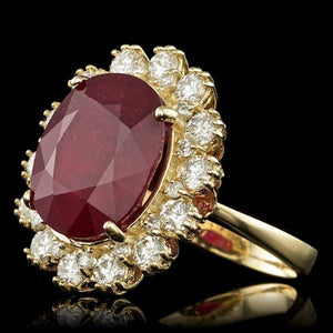 11.90 Carats Red Ruby and Natural Diamond 14k Solid Yellow Gold Ring