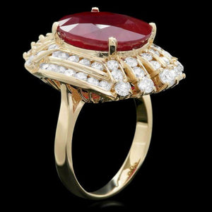 11.00 Carats Natural Red Ruby and Diamond 14K Solid Yellow Gold Ring