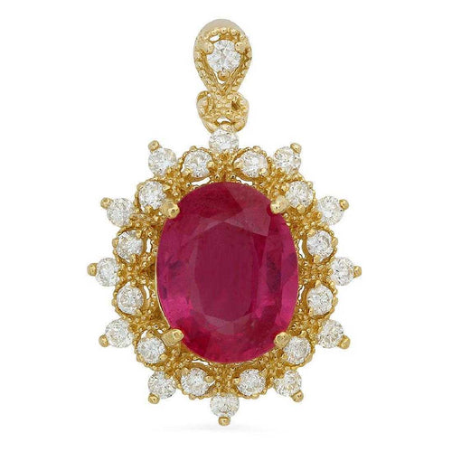 6.70Ct Natural Red Ruby and Natural Diamond 14K Solid Yellow Gold Necklace