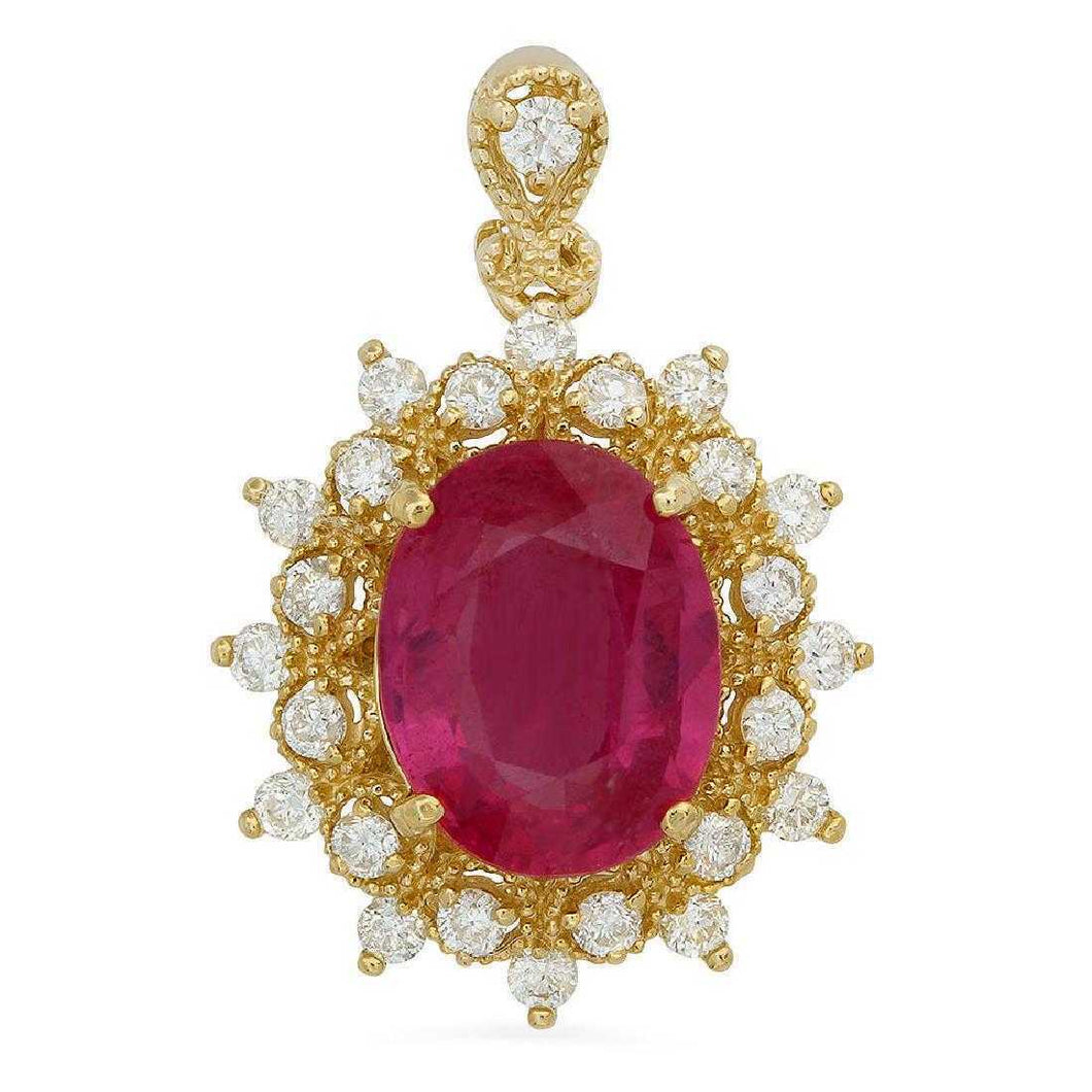 6.70Ct Natural Red Ruby and Natural Diamond 14K Solid Yellow Gold Necklace