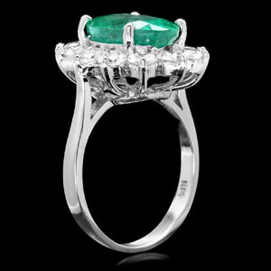 5.80 Carats Natural Emerald and Diamond 14K Solid White Gold Ring