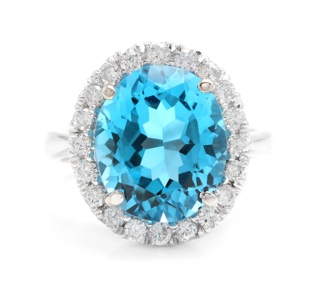 11.00 Carats Impressive Natural Swiss Blue Topaz and Diamond 14K Solid White Gold Ring
