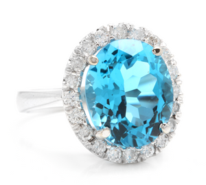 11.00 Carats Impressive Natural Swiss Blue Topaz and Diamond 14K Solid White Gold Ring