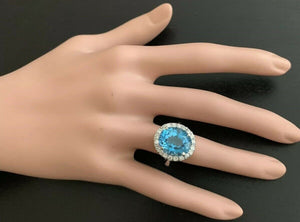 11.00 Carats Impressive Natural Swiss Blue Topaz and Diamond 14K Solid White Gold Ring