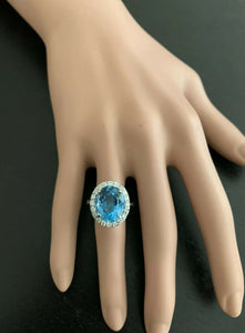 11.00 Carats Impressive Natural Swiss Blue Topaz and Diamond 14K Solid White Gold Ring