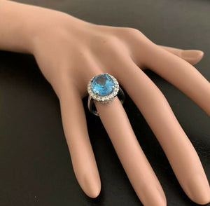 11.00 Carats Impressive Natural Swiss Blue Topaz and Diamond 14K Solid White Gold Ring