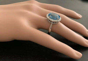 11.00 Carats Impressive Natural Swiss Blue Topaz and Diamond 14K Solid White Gold Ring