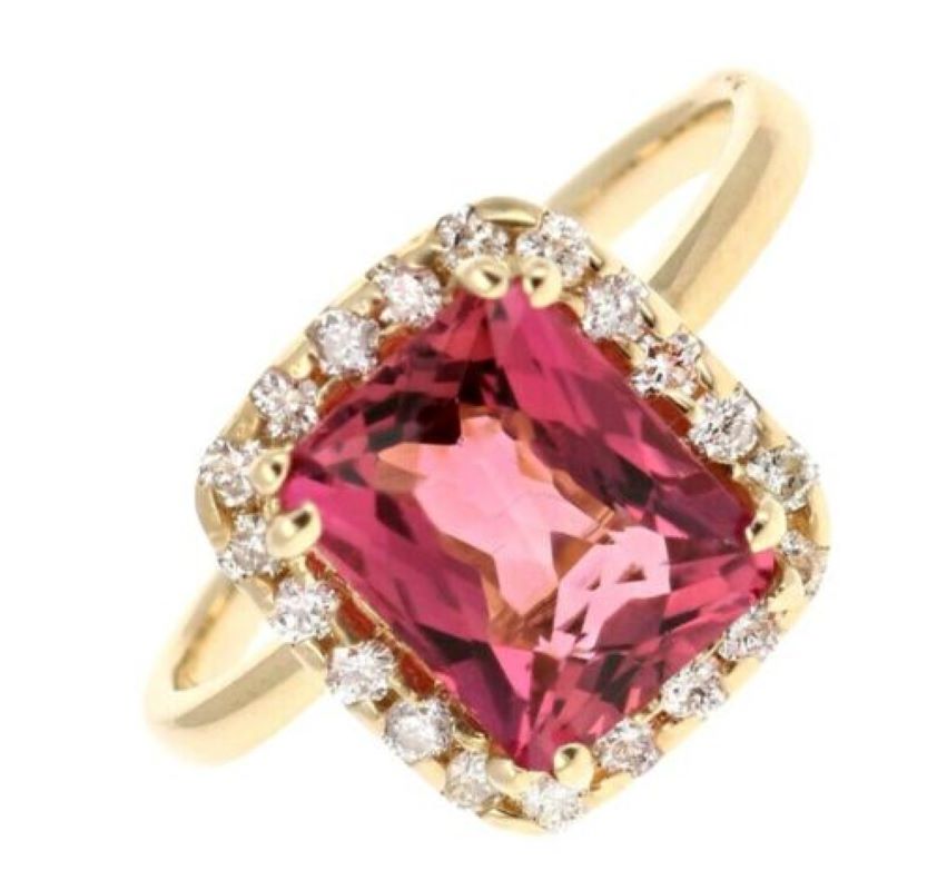 3.35 Carats Natural Very Nice Looking Tourmaline and Diamond 14K Solid Yellow Gold Ring