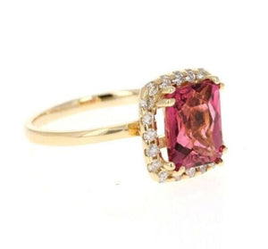 3.35 Carats Natural Very Nice Looking Tourmaline and Diamond 14K Solid Yellow Gold Ring