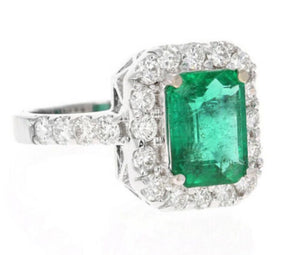 4.30 Carats Natural Emerald and Diamond 14K Solid White Gold Ring