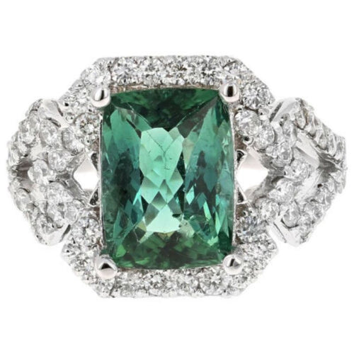 4.95 Carats Natural Very Nice Looking Green Tourmaline and Diamond 14K Solid White Gold Ring