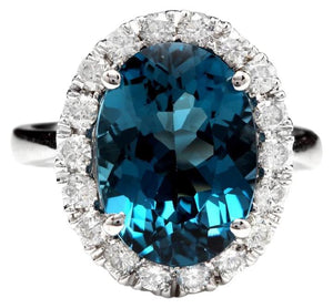 9.90 Carats Natural Impressive London Blue Topaz and Diamond 14K White Gold Ring