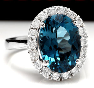9.90 Carats Natural Impressive London Blue Topaz and Diamond 14K White Gold Ring