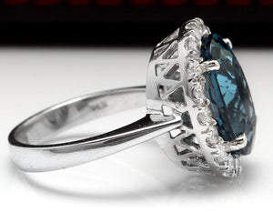 9.90 Carats Natural Impressive London Blue Topaz and Diamond 14K White Gold Ring