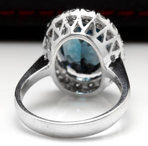 9.90 Carats Natural Impressive London Blue Topaz and Diamond 14K White Gold Ring