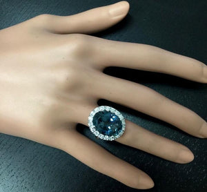 9.90 Carats Natural Impressive London Blue Topaz and Diamond 14K White Gold Ring