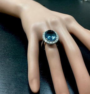9.90 Carats Natural Impressive London Blue Topaz and Diamond 14K White Gold Ring