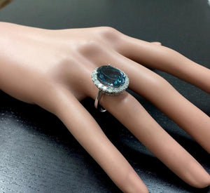 9.90 Carats Natural Impressive London Blue Topaz and Diamond 14K White Gold Ring