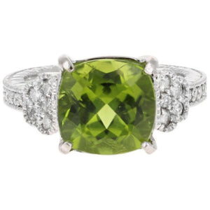 5.85 Carats Natural Very Nice Looking Peridot and Diamond 14K Solid White Gold Ring