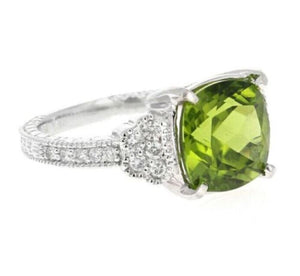 5.85 Carats Natural Very Nice Looking Peridot and Diamond 14K Solid White Gold Ring