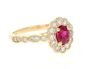 1.70 Carats Impressive Natural Red Ruby and Diamond 14K Yellow Gold Ring