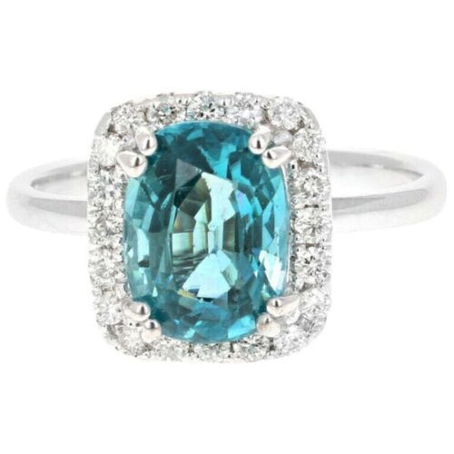 4.35 Carats Natural Very Nice Looking Blue Zircon and Diamond 14K Solid White Gold Ring
