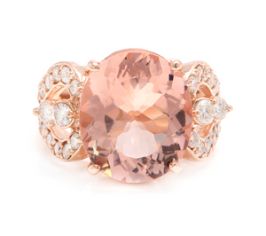10.15 Carats Exquisite Natural Morganite and Diamond 14K Solid Rose Gold Ring