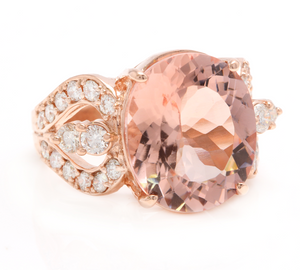 10.15 Carats Exquisite Natural Morganite and Diamond 14K Solid Rose Gold Ring