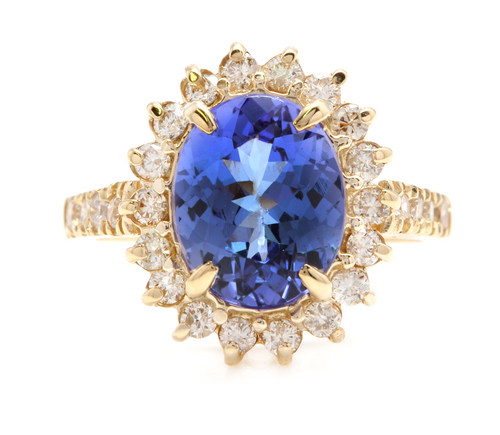 3.80 Carats Natural Very Nice Looking Tanzanite and Diamond 14K Solid Yellow Gold Ring