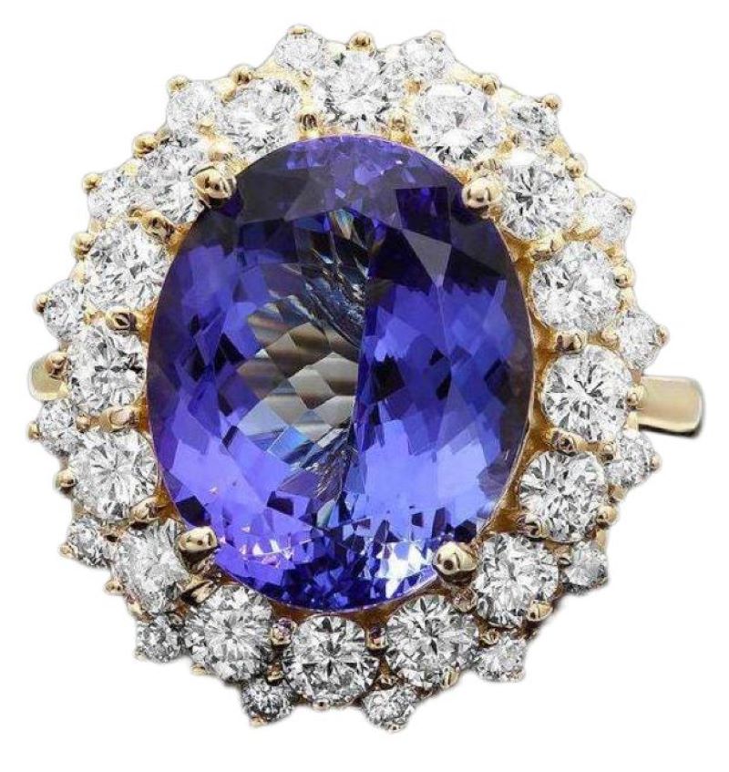 9.70 Carats Natural Tanzanite and Diamond 14K Solid Yellow Gold Ring