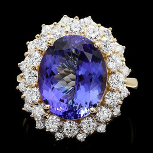 9.70 Carats Natural Tanzanite and Diamond 14K Solid Yellow Gold Ring