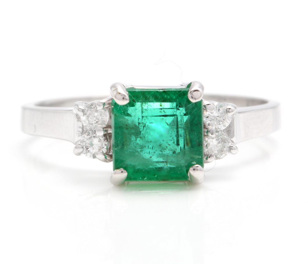 2.25 Carats Natural Emerald and Diamond 14K Solid White Gold Ring