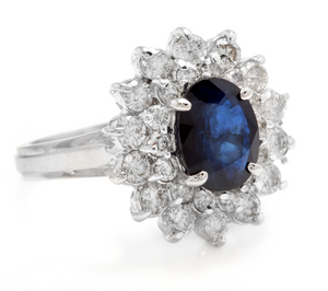 3.00 Carats Natural Blue Sapphire and Diamond 14K Solid White Gold Ring