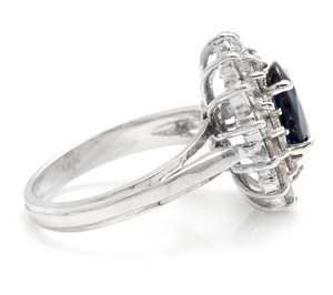 3.00 Carats Natural Blue Sapphire and Diamond 14K Solid White Gold Ring