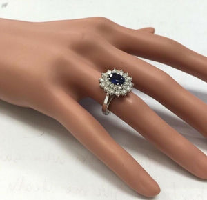 3.00 Carats Natural Blue Sapphire and Diamond 14K Solid White Gold Ring