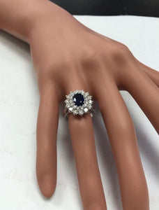 3.00 Carats Natural Blue Sapphire and Diamond 14K Solid White Gold Ring