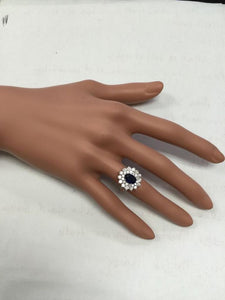 3.00 Carats Natural Blue Sapphire and Diamond 14K Solid White Gold Ring