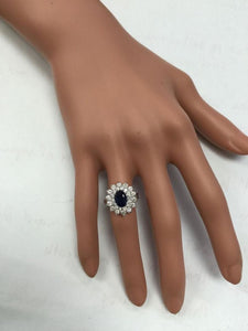 3.00 Carats Natural Blue Sapphire and Diamond 14K Solid White Gold Ring