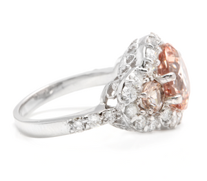 5.25 Carats Exquisite Natural Peach Morganite and Diamond 18K Solid White Gold Ring